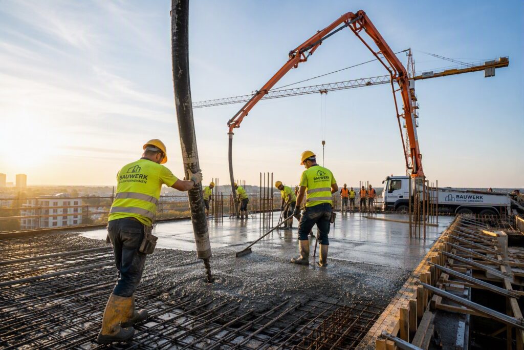 Bauarbeiter verteilen Beton auf einer Geschossdecke, im Hintergrund der Ausleger einer Betonpumpe