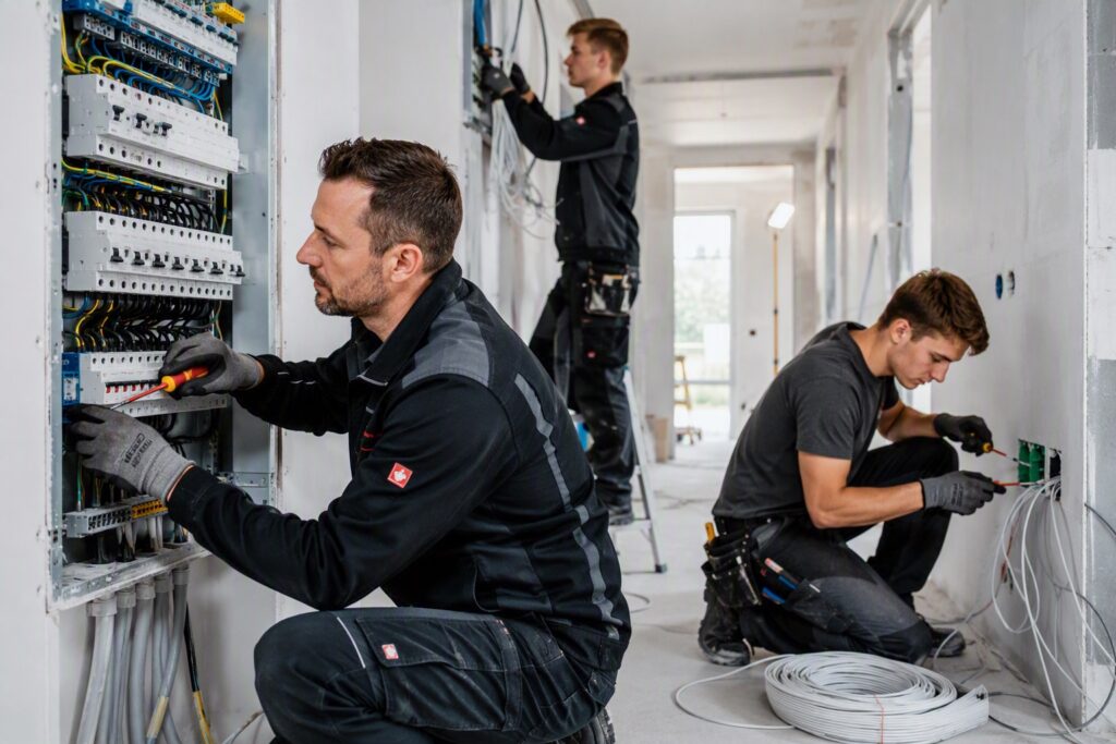 Elektriker verdrahtet einen Sicherungskasten, zwei Kollegen arbeiten im Rohbauflur weiter