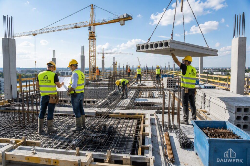 Ein Kran setzt ein Betonfertigteil ab, während Bauleiter auf der Bewehrung den Plan besprechen