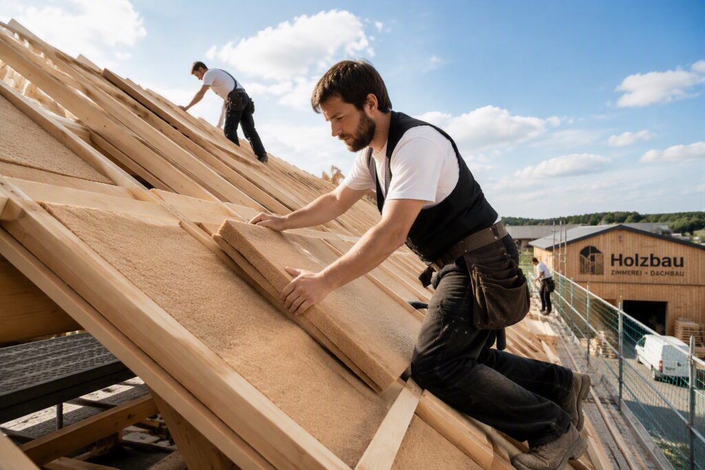 Zimmerer verlegt eine Holzfaserdämmplatte auf dem Sparrenwerk eines neuen Dachstuhls