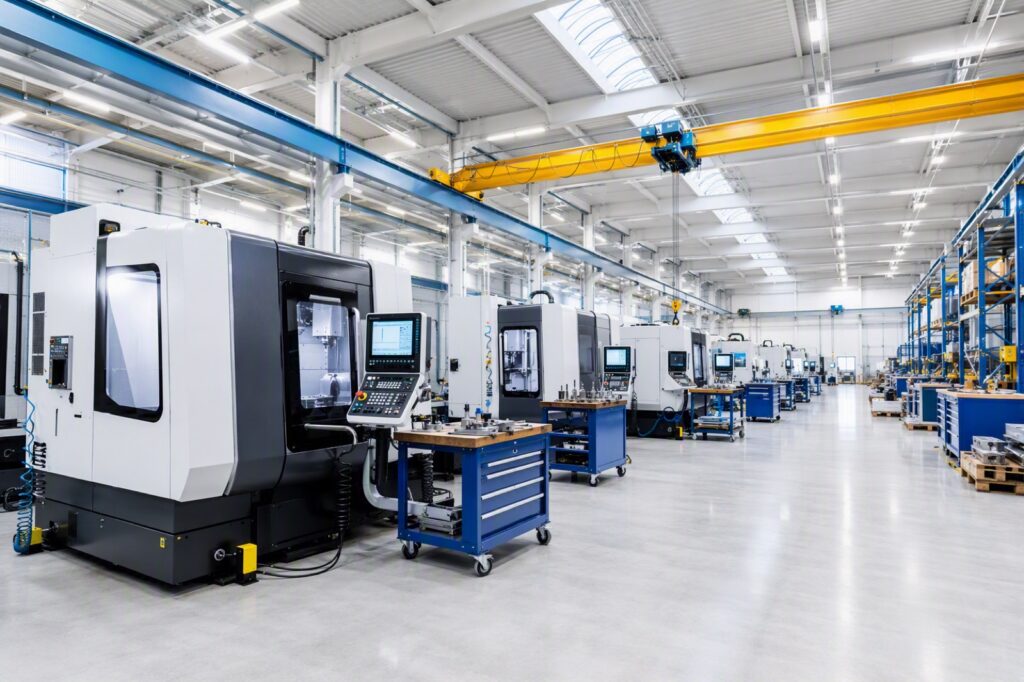 Reihe von CNC-Bearbeitungszentren in einer hellen Fertigungshalle mit Kranbahn