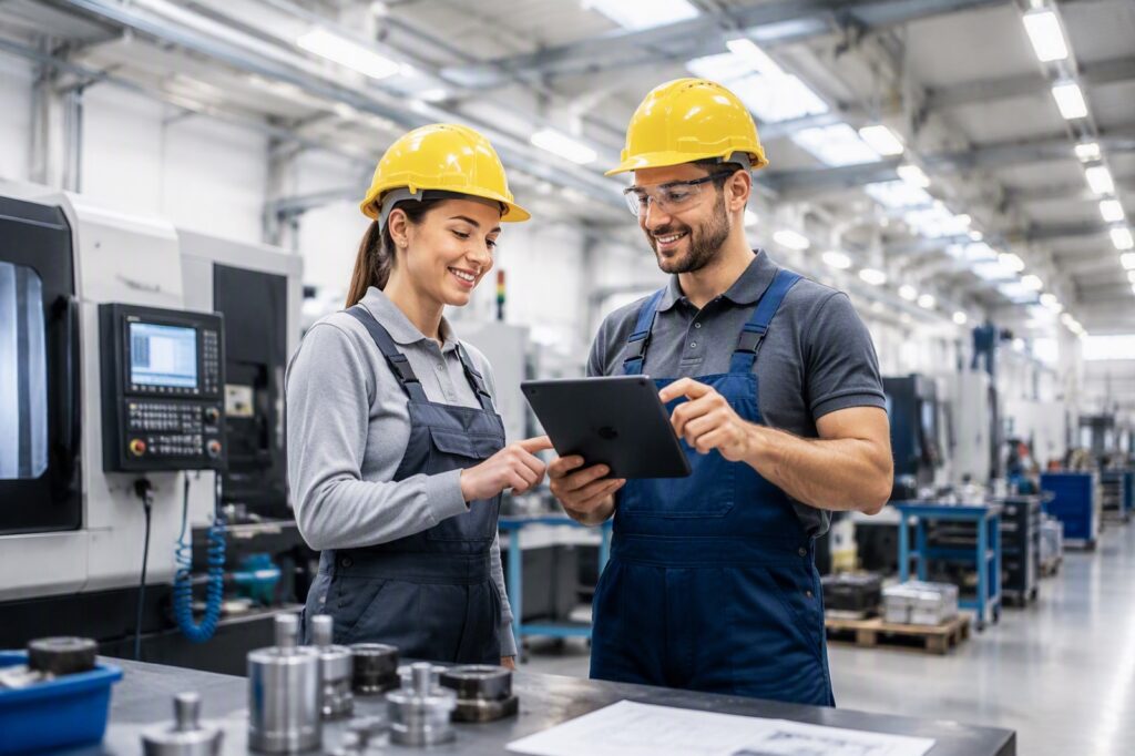 Zwei Fachkräfte mit Schutzhelm besprechen Fertigungsdaten an einem Tablet vor einer CNC-Maschine