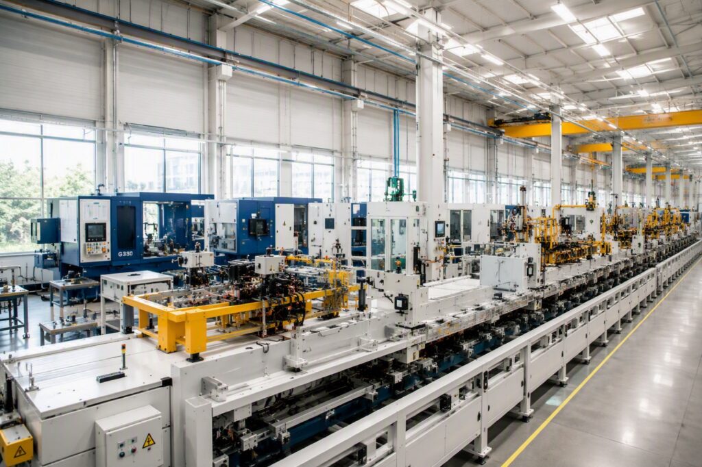 Automatisierte Montagelinie mit Förderstrecke in einer Produktionshalle