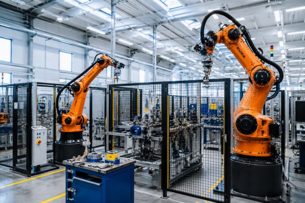 Zwei Industrieroboter in einer eingehausten Fertigungszelle