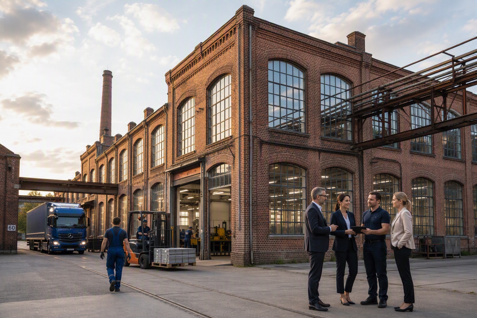 Backsteinfabrik mit Verladung und Mitarbeitenden im Abendlicht